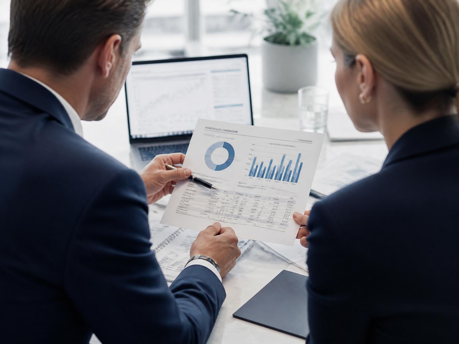 Two advisors reviewing a portfolio overview with charts and a laptop