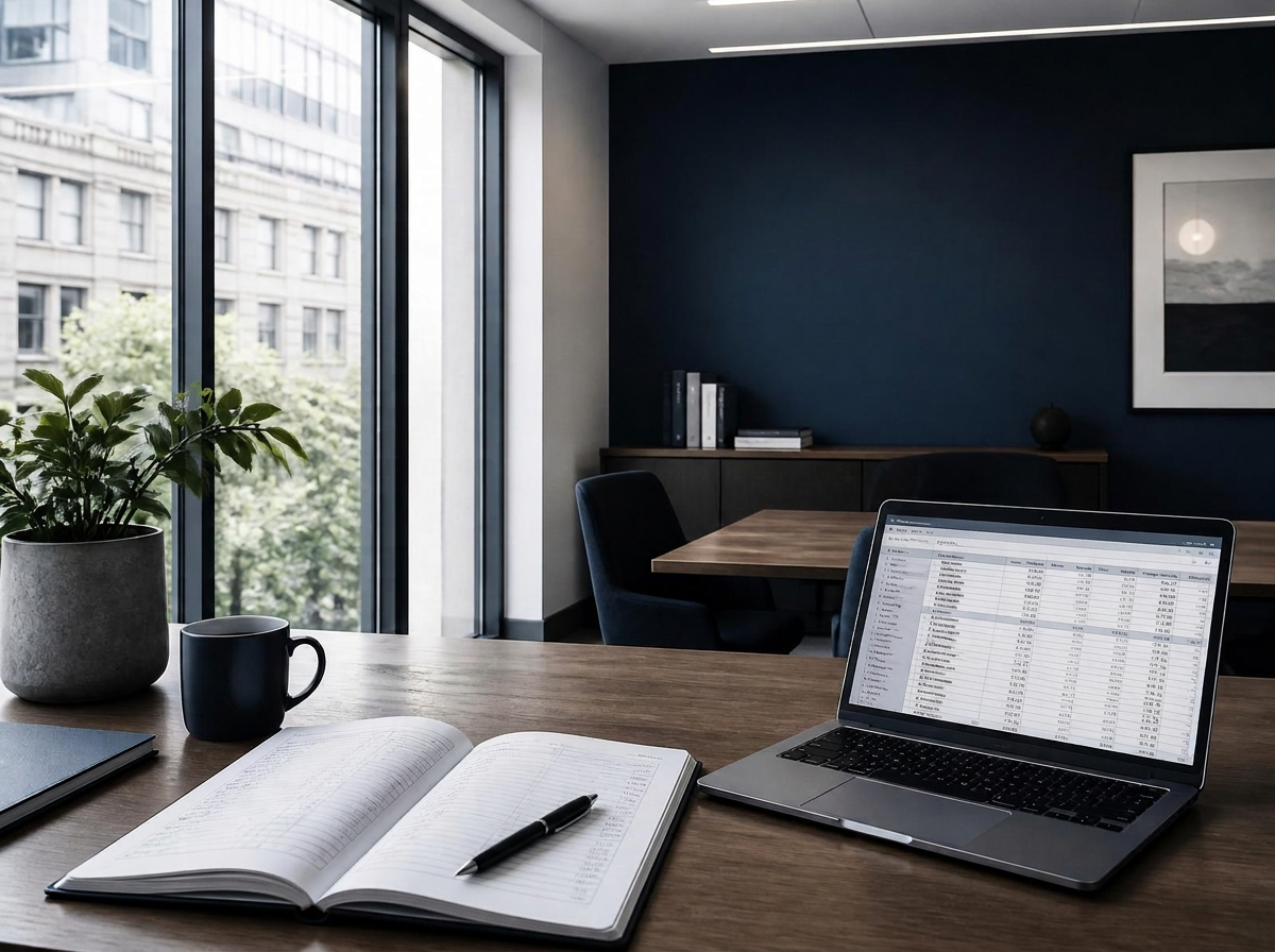 ClearLedger Advisory office interior with ledger, laptop, and city view