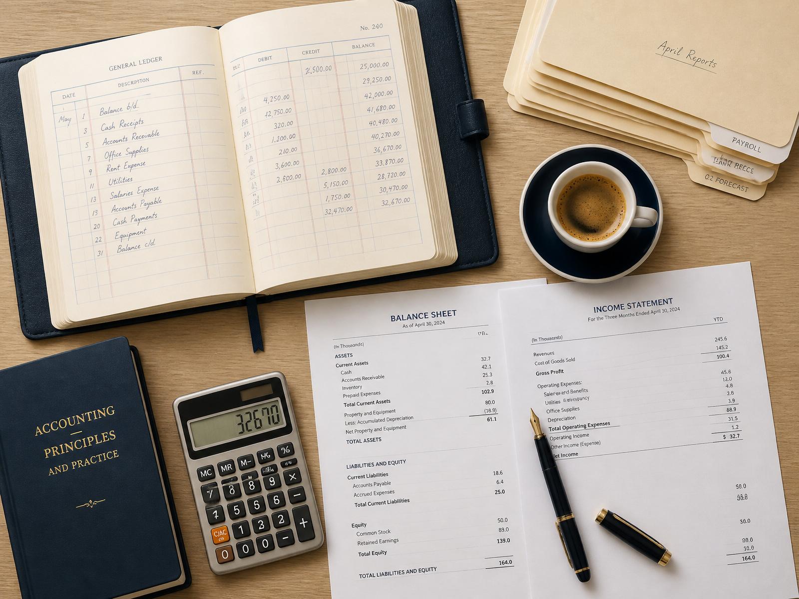 Open ledger, printed statements, calculator and fountain pen laid out on a desk